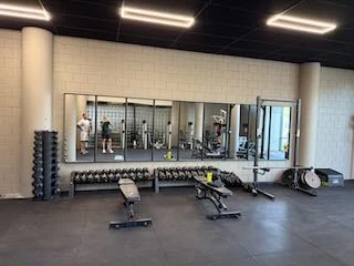 Dumbbells, bankjes en rack voor een spiegelwand
