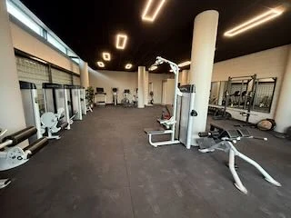 Overzicht van de ruime trainingszaal met krachtapparatuur